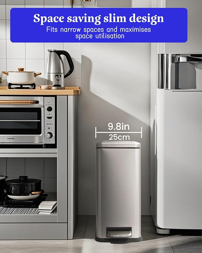 8 Gallon Trash Can with Lid, Stainless Steel Bathroom Garbage Can with Removal Inner Bucket, Soft Close Lid, Step on Trash Bin for Kitchen, Office, Laundry, 30 Liter Capacity, Kohler Grey