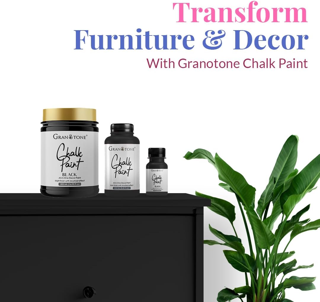 GRANOTONE Chalk Paint for Furniture, Matt-Finish Water-Based Acrylic Paint for Wood, Walls, Metal, Glass, Paper, Fabric Canvas, Maximum Coverage Chalk Paint for Kids & Adults, 250 Ml (BLACK)
