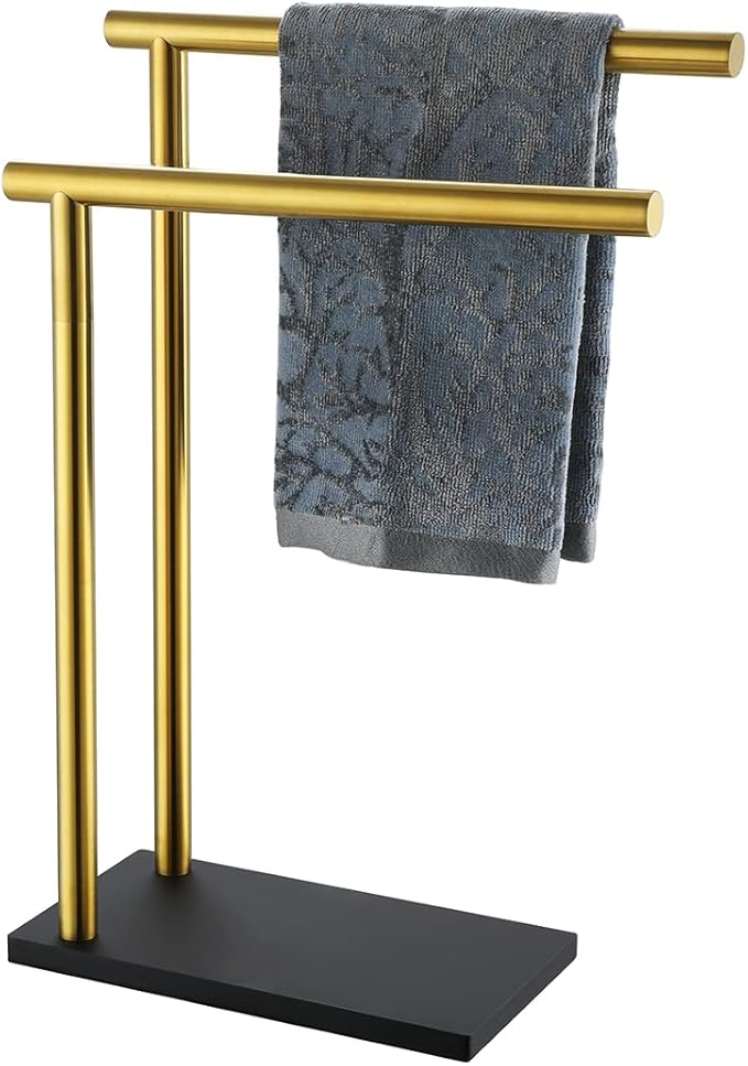 JQK Hand Towel Holder Stand Brushed Gold, Modern Tree Rack Free Standing for Countertop with 12 Inch 2 Bars, 304 Stainless Steel Golden, HTT172-BG