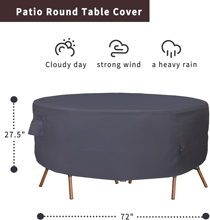 Round Patio Furniture Cover, Heavy Duty and Waterproof for Outdoor Furniture covers, Round outdoor table cover, Patio table cover 72"DIA x 27.5"H Black