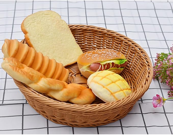 RT&BS 2pcs Round Wicker Bread Basket, Christmas Food Baskets, Eco-Friendly Sturdy Stackable Fruit Basket for Kitchen, Store, Restaurant, Party (Brown, S)