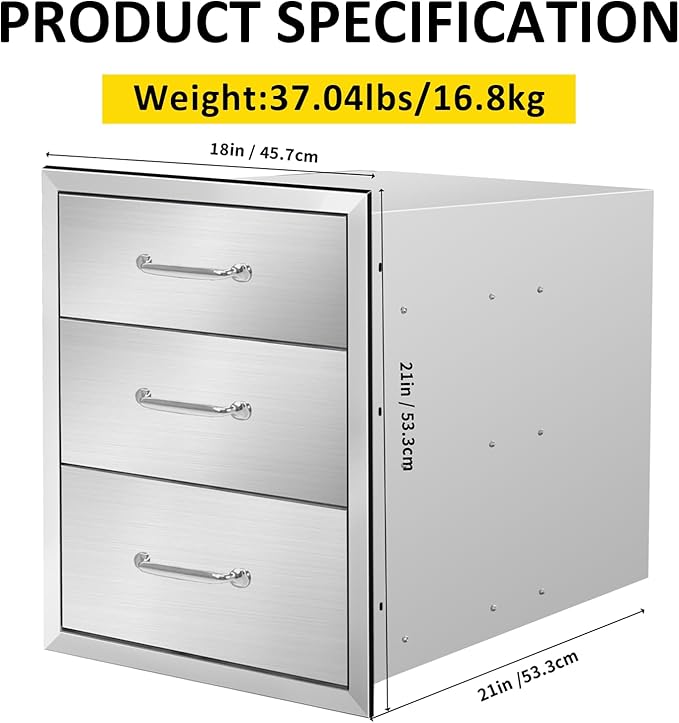 Outdoor Kitchen Drawers 18" W x 21" H x 21" D Flush Mount Triple BBQ Drawers with Chrome Handle Stainless Steel Drawer for Outdoor Kitchen Island, Patio Grill Station