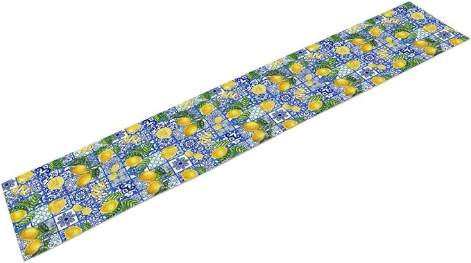 Tiles Lemon Table Runner Blue White Yellow Vintage Rustic Summer Fruit Chic Farmhouse Dining Table Decoration for Home Holiday Party Dresser Kitchen Cabin Restaurant Wedding Decor 13×108in