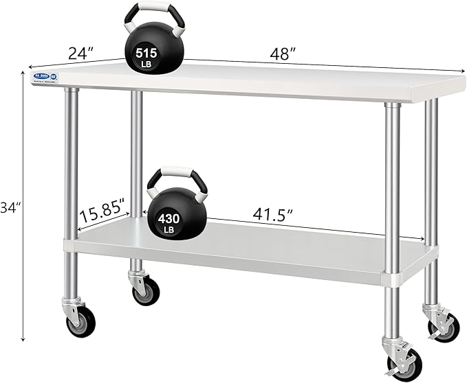HARDURA Stainless Steel Table with Wheels 24 x 48 Inches Kitchen Prep Table Heavy Duty Stainless Steel Workbench with Aluminium Corner Undershelf NSF 304 Metel Table for Commercial Restaurant