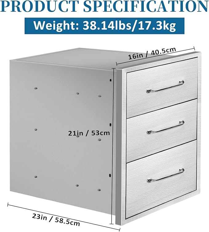 Outdoor Kitchen Drawers 16"Wx21"Hx23"D Flush Mount Access 3-Drawer BBQ Stainless Steel Drawers with Handle for Outdoor Kitchen Island or Grill Station