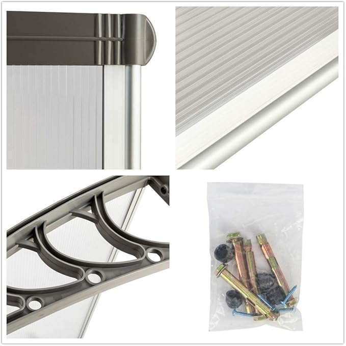 Simply-Me 40" x 40" Door Window Awning Polycarbonate Cover Front Door Outdoor Patio Awning Canopy UV Rain Snow Protection Hollow Sheet (Silver & Gray Bracket)