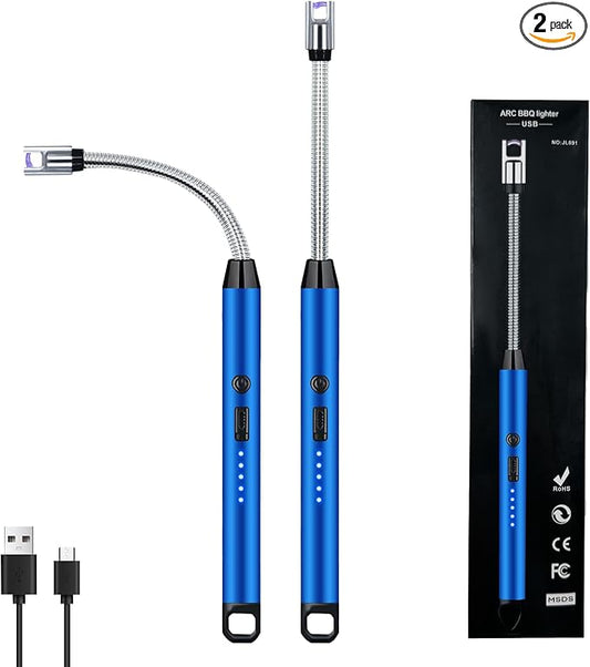 2 PCS Candle Lighter, Electric Lighter Arc Windproof Flameless with 360° Flexible Neck & LED Power Display, Lighters for Candle for BBQ, Grill, Camping, Fireplace, Stove(Blue)