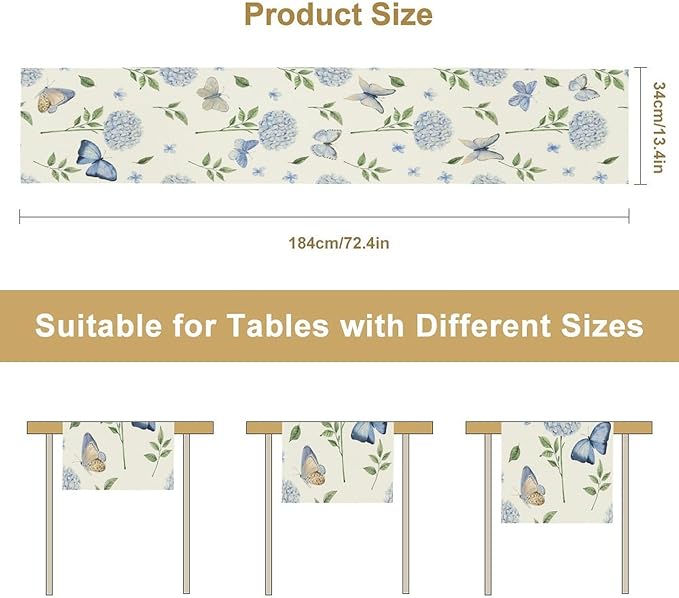 Hydrangea Butterfly Table Runner, Seasonal Spring Summer Table Runner for Holiday Kitchen Dining Home Party Outdoor 13x90in