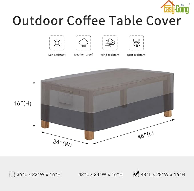 Easy-Going Patio Coffee Table Cover Small Outdoor Rectangular Furniture Ottoman Table Cover, UV Resistant Waterproof (48" Lx28 Wx16 H, Gray/Dark Gray)