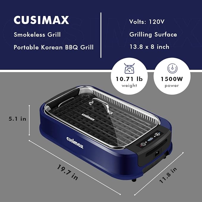 Indoor Grill CUSIMAX Electric Smokeless Grill Portable Korean BBQ with Turbo Smoke Extractor Technology, Non-stick Removable Plate, Tempered Glass Lid, Great for Party(Single Plate)