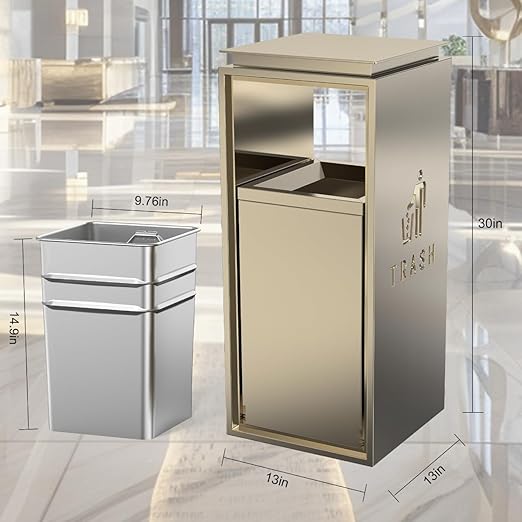 Commercial Trash Can - 42L Heavy Duty Stainless Steel Garbage Bin with Lid & Liner, Fingerprint-Resistant Indoor Outdoor Waste Container for Restaurant,Hotel,Shopping mall,13"x13"x30"
