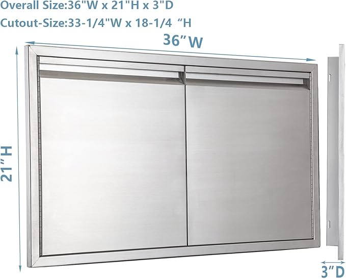 Outdoor Kitchen Door 36" W x 21" H inch Stainless Steel BBQ Double Doors Flush Mount for Outdoor Kitchen Island（Double Wall Door Panel ）