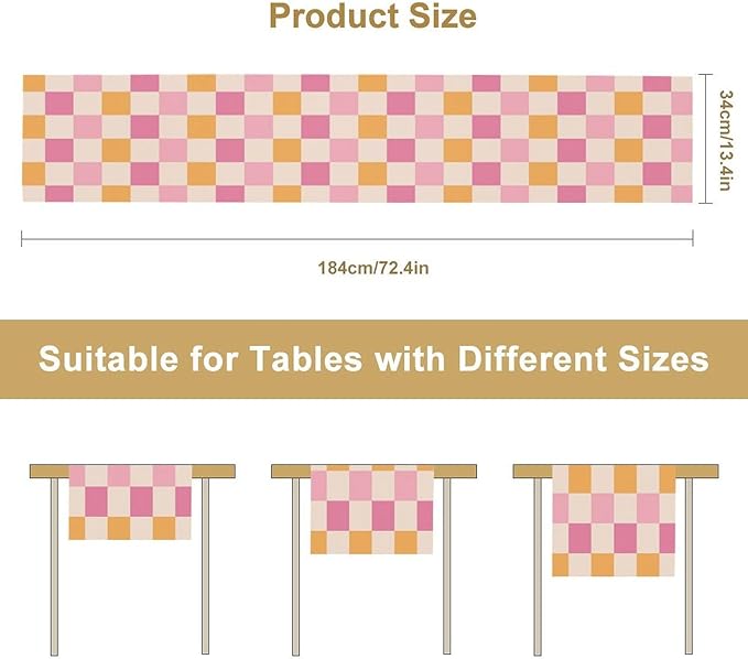 Pink Checkered Table Runner, Vintage 70s Abstract Cute Modern Hippie Table Runner for Party Kitchen Dining Home Outdoor 13x60in