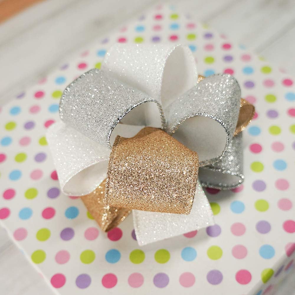 CT CRAFT LLC Glitter Wired Ribbon 1.5" x 10 Yards Gold (Champagne Gold) for Christmas Home Decor Bow Gift Wrapping DIY Crafts Wreath