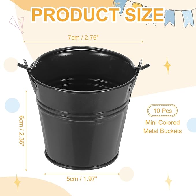 Small Metal Buckets, Mini Buckets with Handle Galvanized Colored Tin Pail Containers Basket Party Supplies - Fit for (Halloween - Classroom Crafts) 2.7" & 10Pcs & Black
