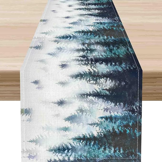 Green Forest Table Runner, Rustic Farmhouse Green Pine Tree Woodland Seasonal Mountain Country Coffee Table Center Decor for Home Kitchen Dining Patio Holiday Party Table Decorations, 13"x72" Inch