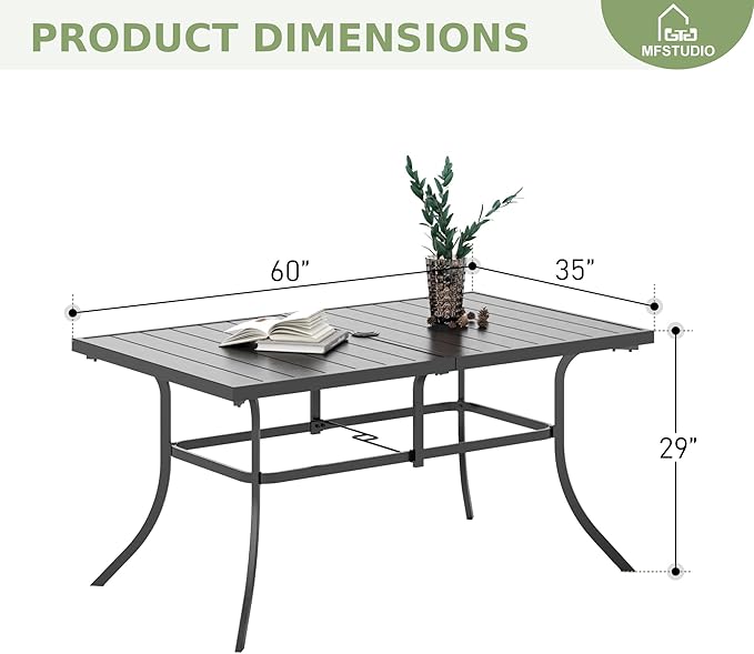 MFSTUDIO Outdoor Patio Dining Table for 6, Rectangle Weather Resistant Metal Patio Table with Adjustable Umbrella Hole, Black