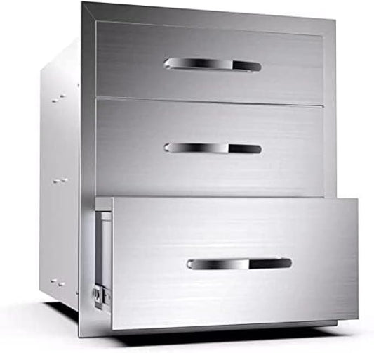 Stainless Steel Outdoor Kitchen 3-Drawer BBQ Drawer - Built-in, Flush Mount - 16Wx23Dx21H