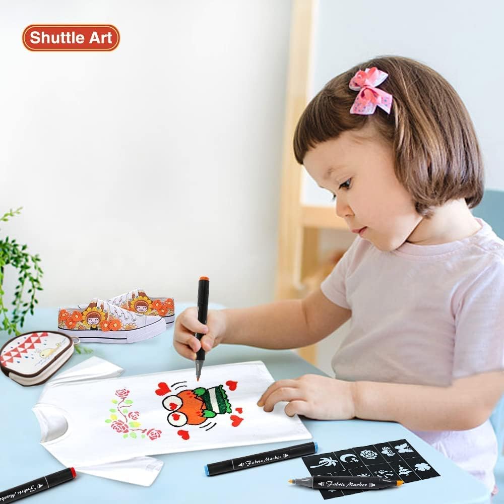 Shuttle Art Fabric Markers Pens, 40 Colors Dual Tip Fabric Markers Permanent No Bleed Pens for T-Shirts Sneakers, Non-Toxic & Child Safe Permanent Pens for Kids Adult Painting Writing