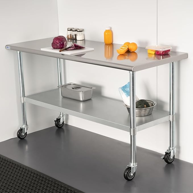 HARDURA Stainless Steel Table with Wheels 24 x 72 Inches Casters NSF Heavy Duty Commercial Work & Prep Table with Undershelf and Galvanized Legs for Restaurant Kitchen Bar and Hotel Garage