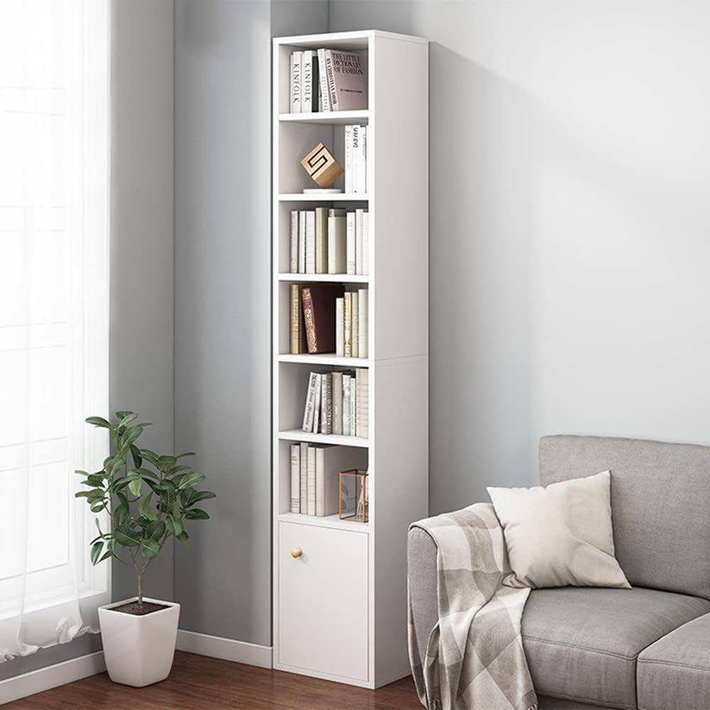 IOTXY Small Narrow Corner Bookcase - 71 Inches Tall Gap Freestanding Storage Cabinet, 7 Lattices Open Shelves Tower Rack with Door, Cubes Bookshelf in White