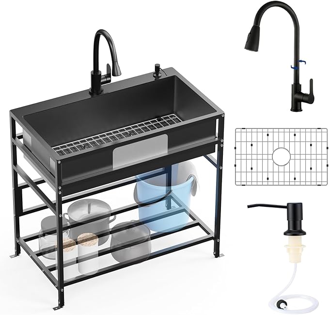 Black 33x19 Inch Freestanding Utility Sink-Stainless Steel Laundry Sink Practicality With Accessories Black Stainless Faucet,Soap Dispenser, SS Sink Grid For Laundry,Garage,Outdoor Kitchen,Garden...
