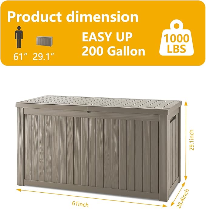200 Gallon Deck Box, Resin Outdoor Indoor Waterproof Storage Box, Lockable Storage Box With Handle for Patio Furnitures - Garden Tools - Swimming Pool Tools UV Resistant (Grey, 200Gal)