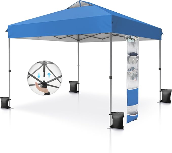 PHI VILLA 10x10 Pop Up Canopy Tent - One Push Setup, Instant Shade Tent with Vented Roof for Beach & Events - Includes Storage Bag, Sandbags, Stakes & Ropes (Blue)