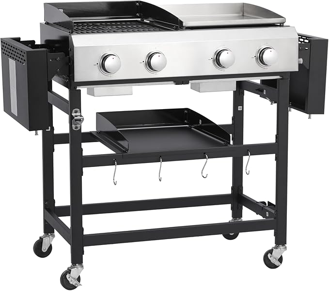 2-Burner Hybrid Grill with Flat Top, 38200 BTU for Backyard & Patio, Perfect for BBQ and Teppanyaki, Features Large Cooking Area & Durable Enamel Construction (2+2 PLANCHA)