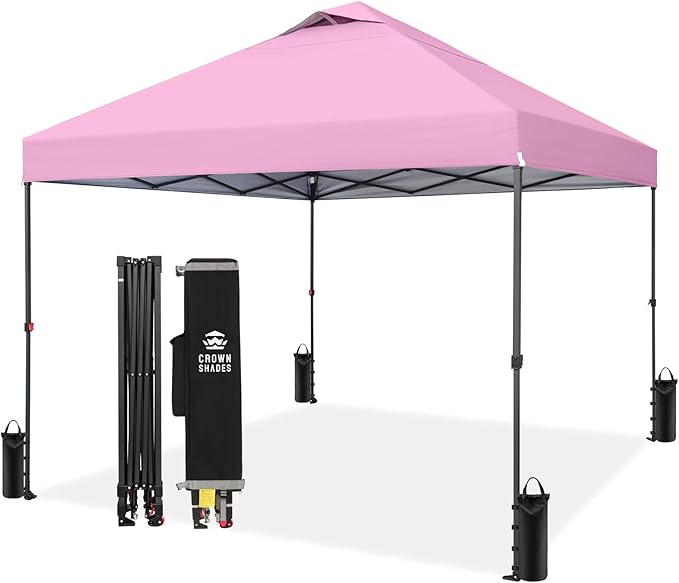 CROWN SHADES 10x10 Pop Up Canopy Tent - Patented Center Lock One Push Instant Outdoor Canopy Beach Tent with STO-N-Go Bag 8 Stakes & 4 Sand Bags，Pink