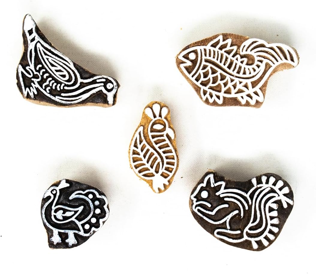 Hashcart Wooden Indian Traditional Design Printing Stamps/Blocks for Printing Saree Border/Dresses/Craft Card Making/Scrapbook/Clay Pottery (Set of 5)