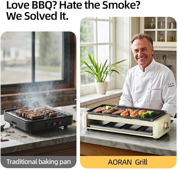 Aoran Electric Smokeless Grill, 1800W Nonstick Indoor Griddle Pan, Multifunctional Skillet for Frying, Baking, Stewing, Easy to Clean, Adjustable Temperature, Family-Sized 19.6'' x 9'' Cooking Area