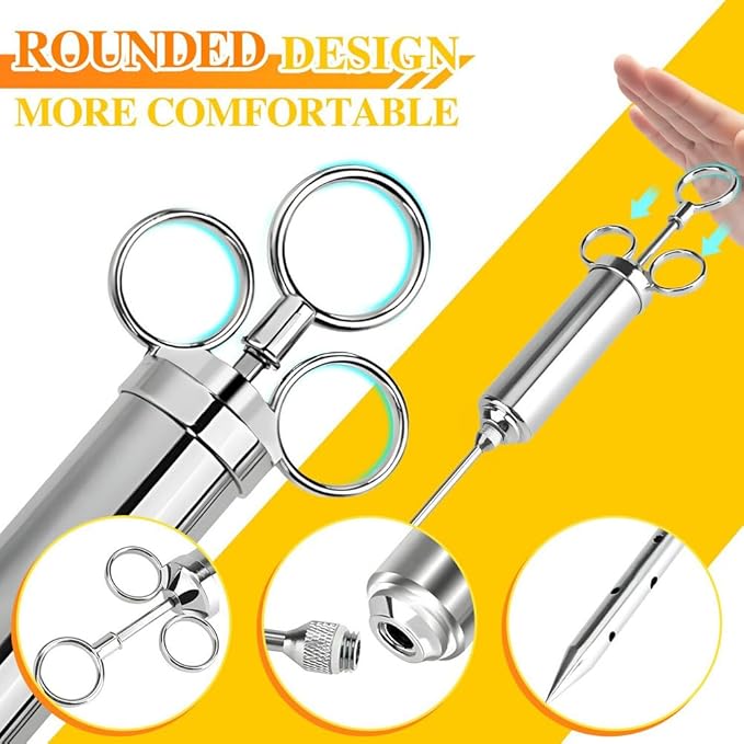 304-Stainless Steel Meat Injector Syringe Kit with 3 Marinade Needles for BBQ Grill Smoker, Turkey, Beef, Brisket, Fish, 2-oz Large Capacity, Silicone Brush and Cleaning Brush