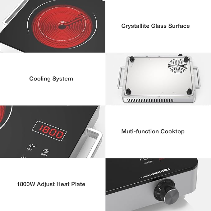 Portable Electric Cooktop 110V, 1800W Electric Stove Infrared Hot Plate with Knob Control, Nafewin Single Burner Countertop Burner with Handle, 4-Hours Timing Setting, Compatible for All Cookwares