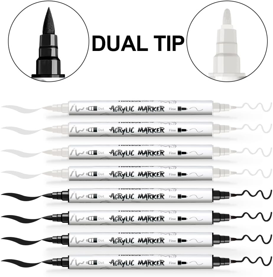TRANSON 4 Black and 4 White Paint Markers Brush and Fine Dual-tip Acrylic Paint Marker Set for Rock Painting Glass Canvas Wood Leather Ceramic Painting
