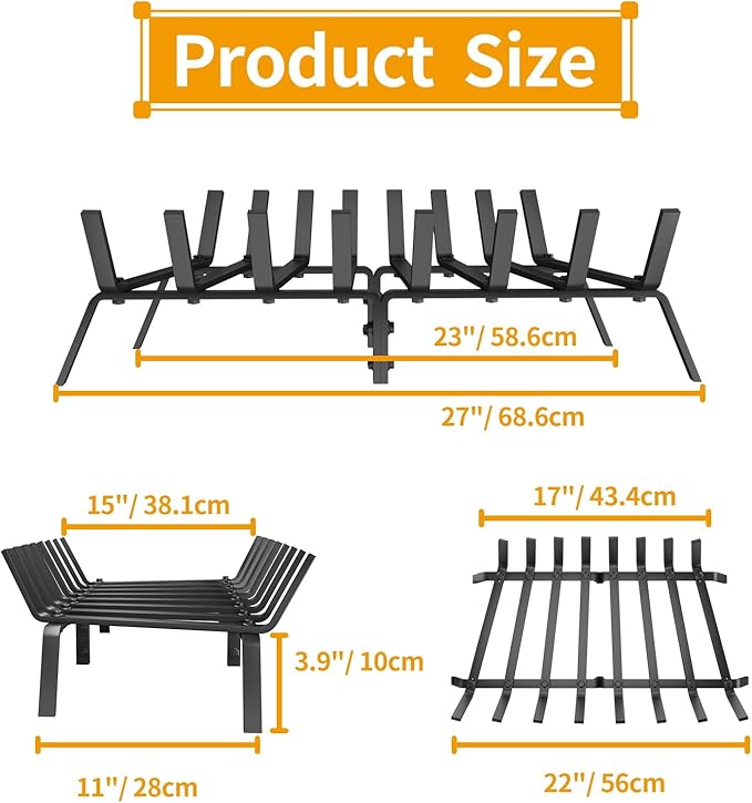 Heavy Duty 27Inch Fireplace Grate, Solid Steel Log Rack for Wood Burning, Extra Wide Firewood Grates for Indoor Fireplace & Outdoor Fire Pit, Wood Stove Grate