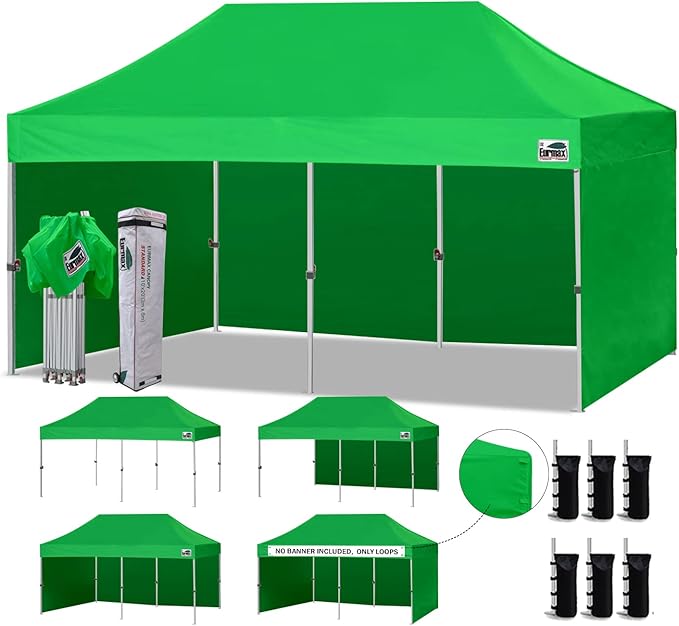 Eurmax USA 10'x20' Pop-up Canopy Tent Commercial Instant Canopies with 4 Removable Zipper End Side Walls and Roller Bag, Bonus 6 SandBags(Kelly Green)