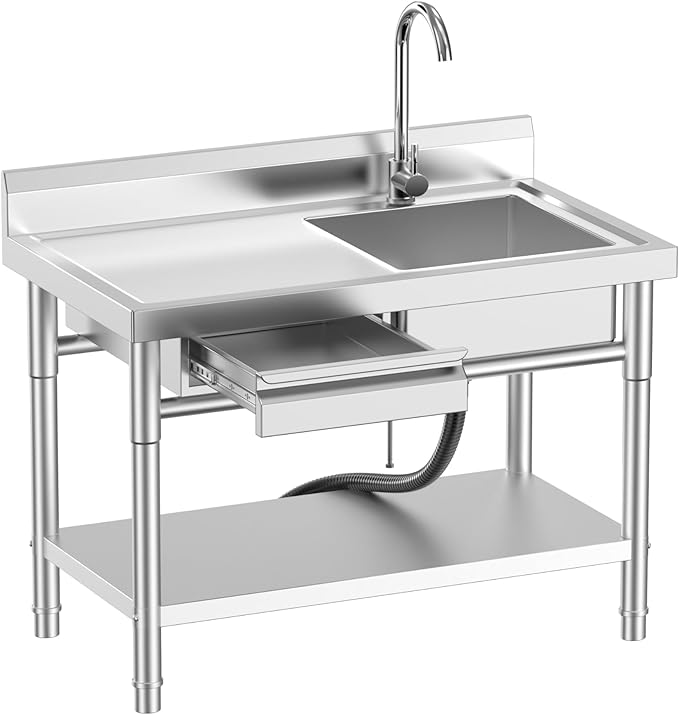 39''Stainless Steel Utility Sink Freestanding Single Bowl Laundry Sink with Hot and Cold Water Plumbing Workbench Drawers for Laundry Room Farmhouse Indoor and Outdoor Sink