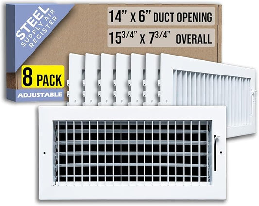 [8 Pack] Fits 14x6 Duct Opening Steel Adjustable Air Supply Grille by Handua | Register Vent Cover Grill for Sidewall and Ceiling | White | Out. Dim.: 15.75" X 7.75"