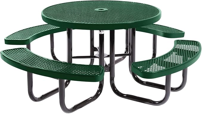 COATEDOUTDOORFURNITURE Heavy-Duty Portable Outdoor Picnic Table with Umbrella Hole, Expanded Metal Commercial-Grade Patio Dining Furniture Made in America (46" Round Top, Green)