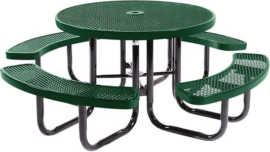 COATEDOUTDOORFURNITURE Heavy-Duty Portable Outdoor Picnic Table with Umbrella Hole, Expanded Metal Commercial-Grade Patio Dining Furniture Made in America (46" Round Top, Green)