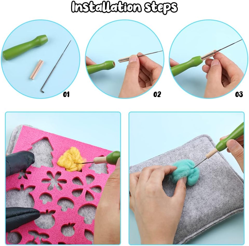 Needle Wool Felting Starter Kit with Exquisite Green Storage Bag, Wool Roving 40 Colors Set, Tools for Felted Animal Needle Felting Supplies