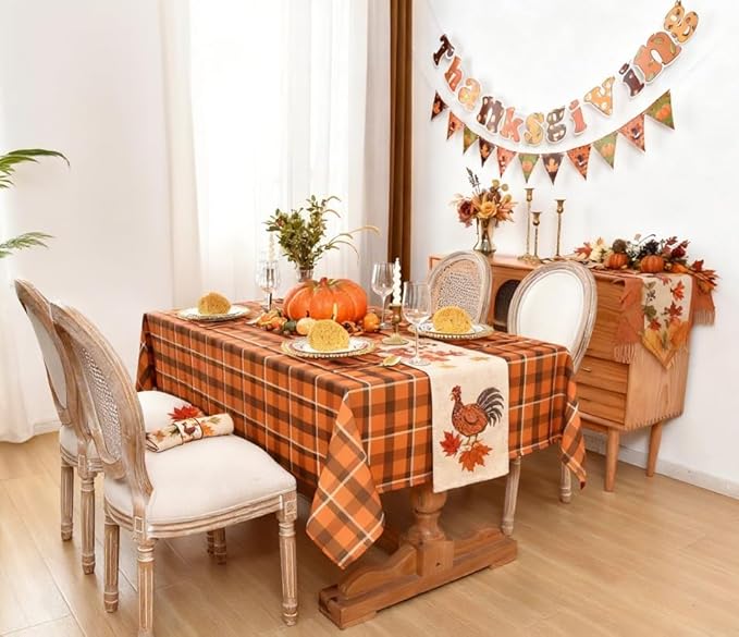 Gingham Plaid Tablecloth - Rectangular 58x102 Inch Water Resistant Thanksgiving Table Cloth for Indoor/Outdoor Use - Seasonal Fall Harvest Table Cover for Halloween, Picnics, and Parties