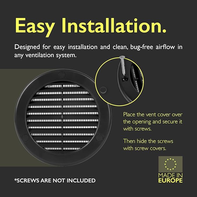4 Inch [Opening] Black Air Vent Cover – Pack of 5 – Plastic Round Air Vent Grill Cover for Wall or Ceiling, Built-in Mesh Screen/HVAC Return Air Register – Modern Louvered Design