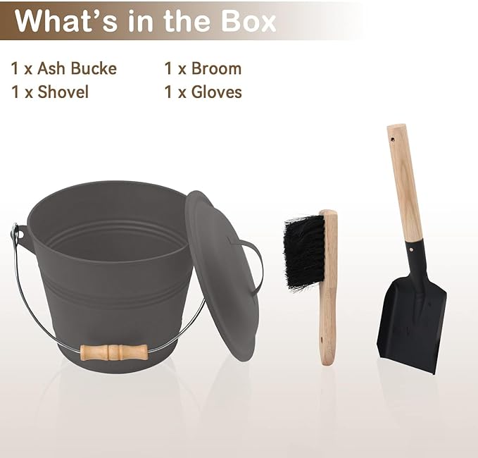 Poofzy Ash Bucket with Lid and Shovel, 1.3 Gallon Fireplace Bucket for Ashes, Includes Hand Broom and Gloves for Fire Pit, Wood Burning Stove and Grill (Gray)