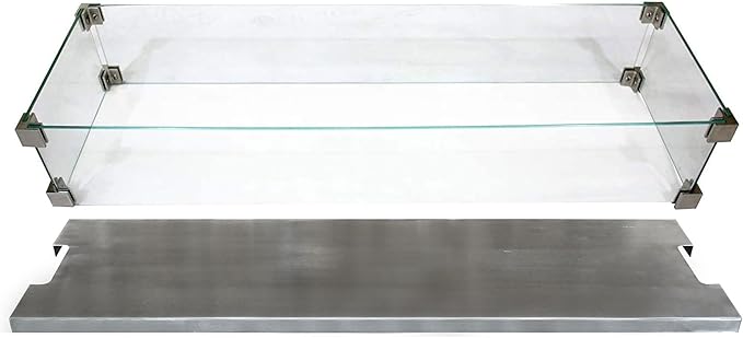 Elementi Granville 60 in Rectangular Concrete Propane Fire Pit Table + 42 in Stainless Steel Fire Pit Cover + Tempered Glass Wind Screen Guard