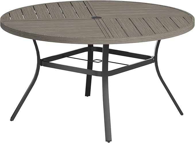 VICLLAX Round Patio Table with Adjustable Umbrella Hole for 6, All Weather Metal Outdoor Dining Table for Lawn Garden, 50" Outdoor Coffee Table, Grey Wood-Like Tabletop