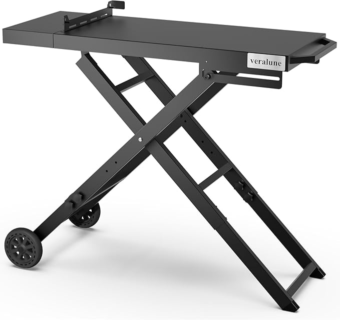 veralune Folding Grill Table, Outdoor Prep Table with 2 Wheels, Adjustable Height Portable Grill cart for Outdoor Cooking Camping BBQ Tailgating Picnicking