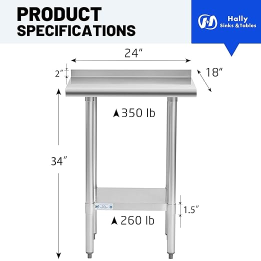 Hally Stainless Steel Table for Prep & Work 18 x 24 Inches, NSF Commercial Heavy Duty Table with Undershelf and Backsplash for Restaurant, Home and Hotel