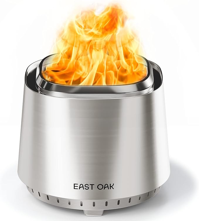 EAST OAK Camber Smokeless Fire Pit 17'' for Outside Patio, 304 Stainless Steel Wood Burning Fireplaces, Portable Outdoor Bonfire Pit with Poker, Stand & Removable Ash Pan for Camping, Chisel Steel